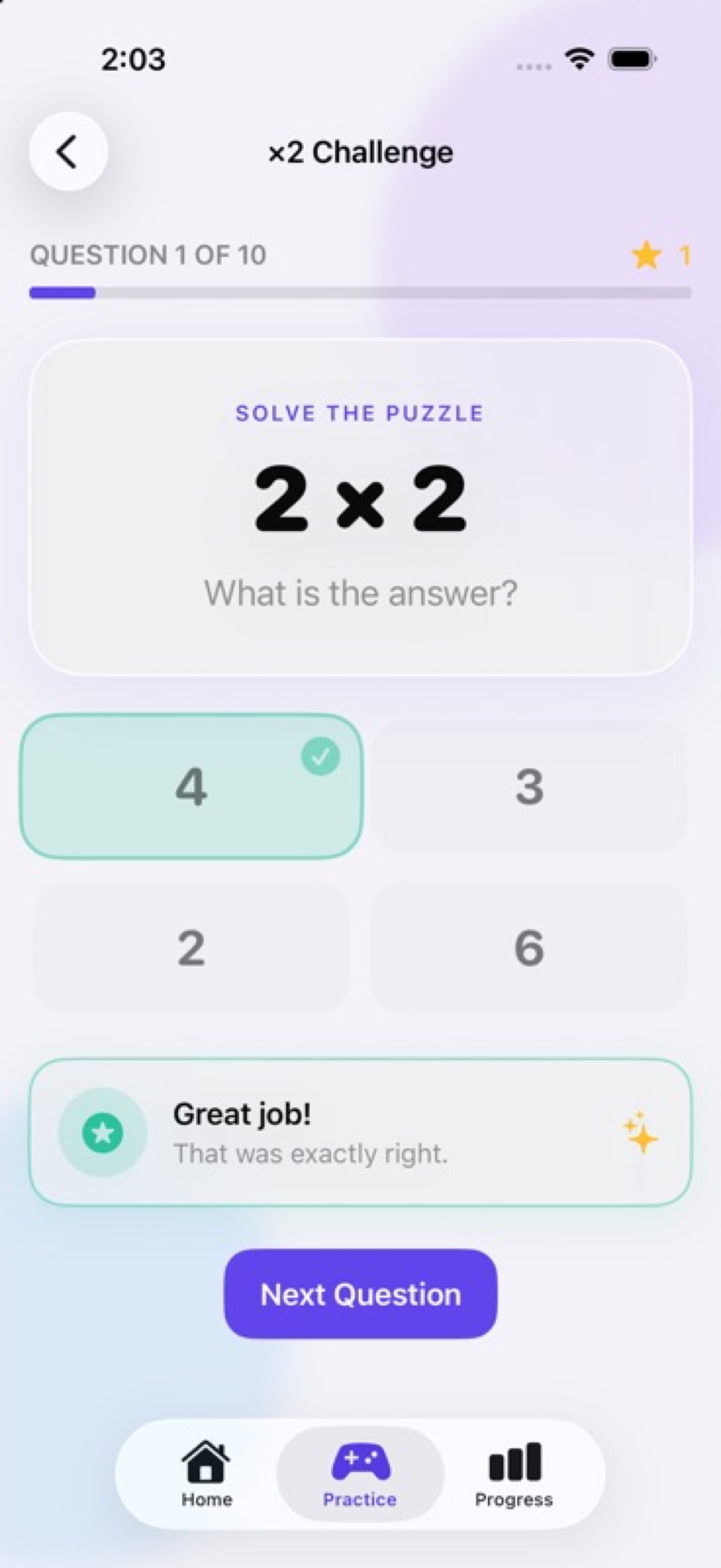 Positive answer feedback in Times Quest