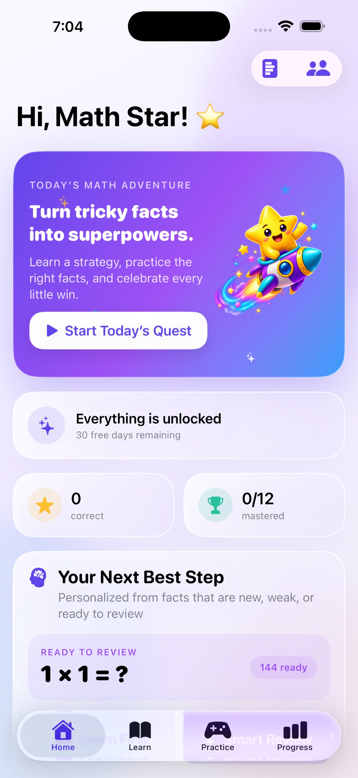 Times Quest welcome screen with practice choices