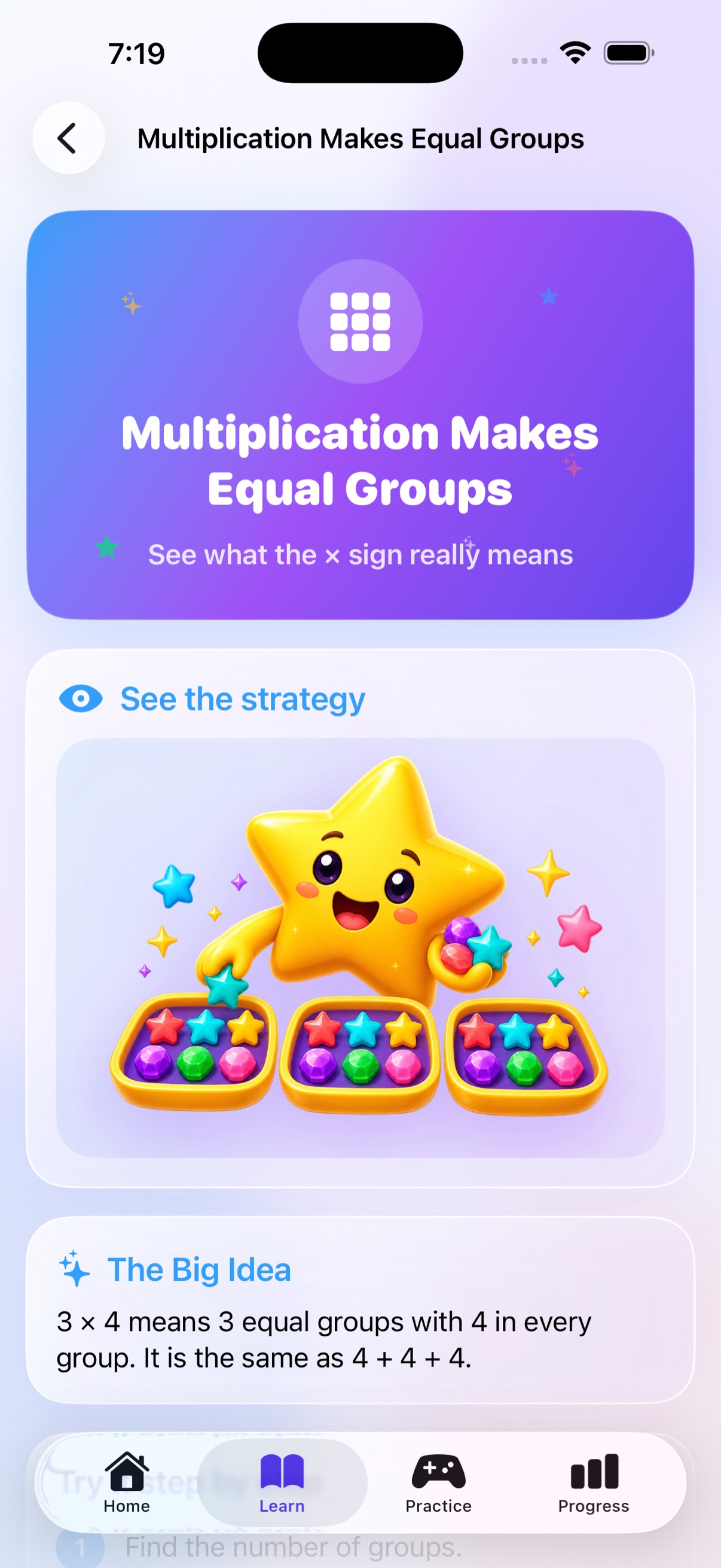 Illustrated equal groups lesson in Times Quest