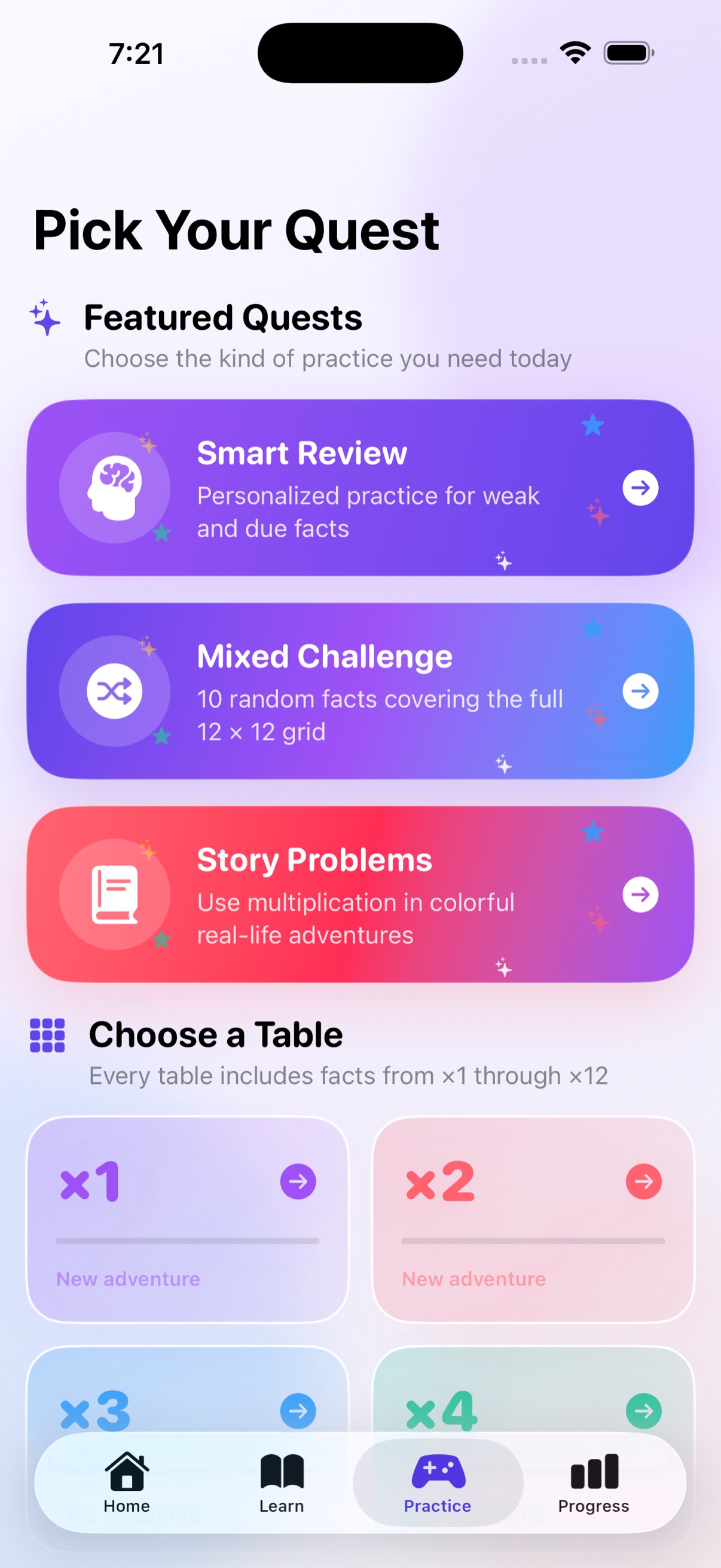 Choose from every table, Smart Review, Mixed Challenge, and Story Problems