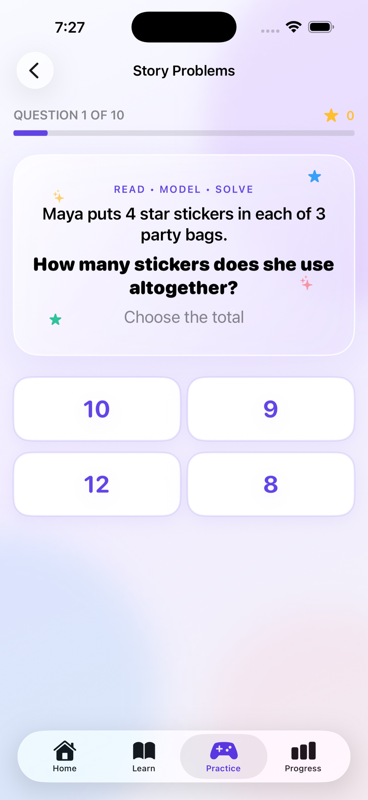Real-life multiplication story problem in Times Quest